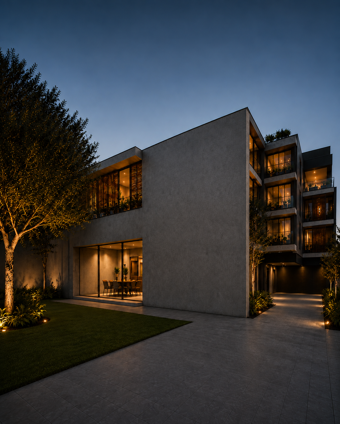 Fachada moderna com parede revestida em textura decorativa iluminada